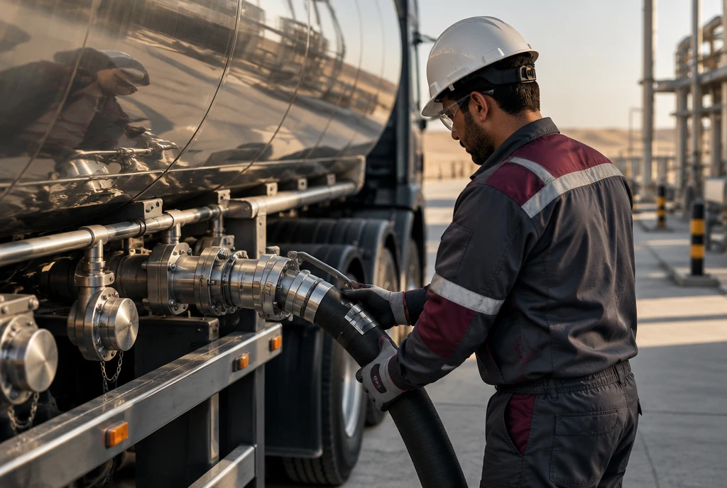 Conceptual gloved operator inspecting a fuel connection